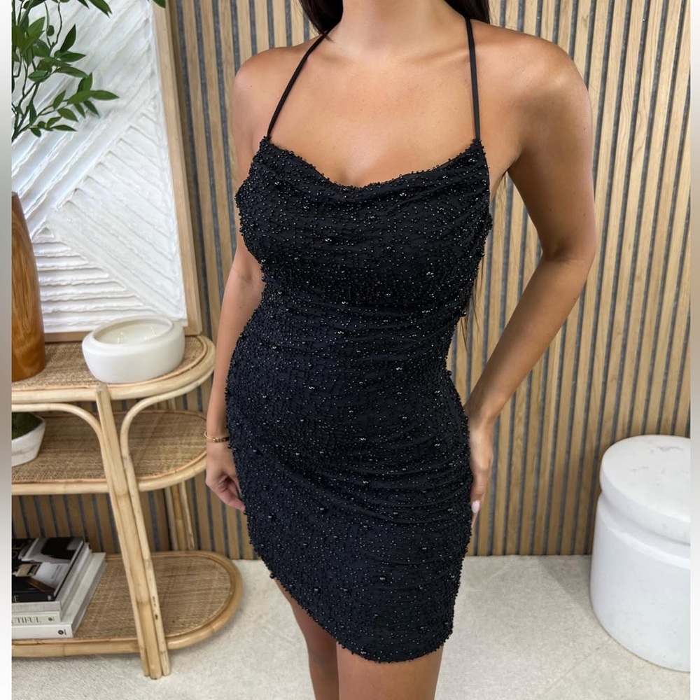 Oh Polly Black Beaded Dress - Size 2